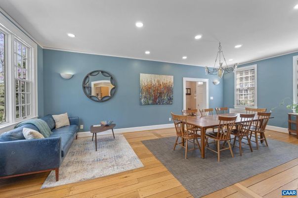 Dining room, Interior, Living room, Pendant Lights, Recessed Lighting, Wood Texture Flooring