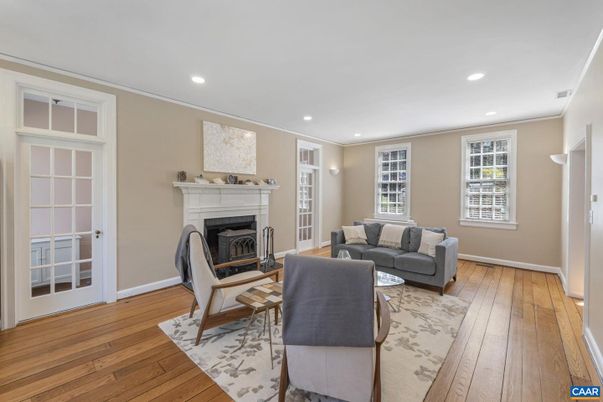 Fireplace, Interior, Living room, Recessed Lighting, Wood Texture Flooring