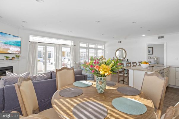 Dining room, Fireplace, Interior, Kitchen, Living room, Recessed Lighting, Wood Texture Flooring