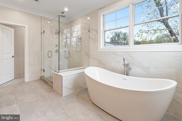 Bathroom, Free Standing Baths, Glass Shower, Interior, Marble, Marble Walls, Recessed Lighting