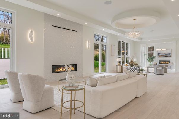 Chandelier, Fireplace, Interior, Living room, Recessed Lighting, Wood Texture Flooring