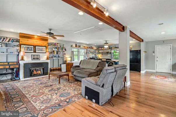 Fireplace, Interior, Living room, Recessed Lighting, Wooden Beams, Wood Texture Flooring