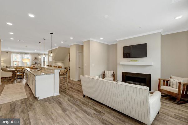 Dining room, Fireplace, Interior, Kitchen, Living room, Pendant Lights, Recessed Lighting, Wood Texture Flooring