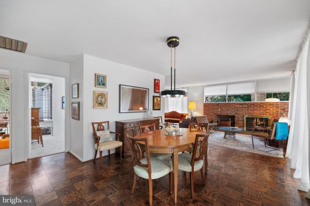 Dining room, Fireplace, Interior, Pendant Lights, Wood Texture Flooring