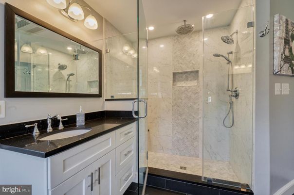 Bathroom, Glass Shower, Interior, Marble Walls, Recessed Lighting