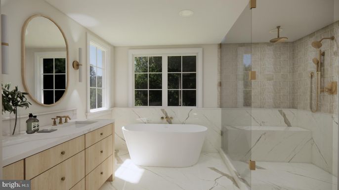 Bathroom, Dual Sink Vanities, Free Standing Baths, Glass Shower, Interior, Marble, Marble Walls, Recessed Lighting