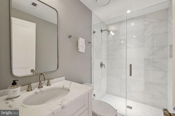 Bathroom, Glass Shower, Interior, Marble Walls, Recessed Lighting
