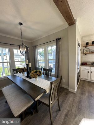 Chandelier, Dining room, Interior, Pendant Lights, Wooden Beams, Wood Texture Flooring