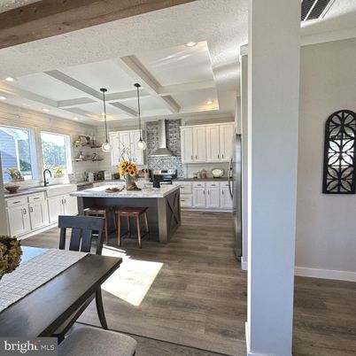 Interior, Kitchen, Pendant Lights, Recessed Lighting, Stainless Steel Appliances, Wooden Beams, Wood Texture Flooring