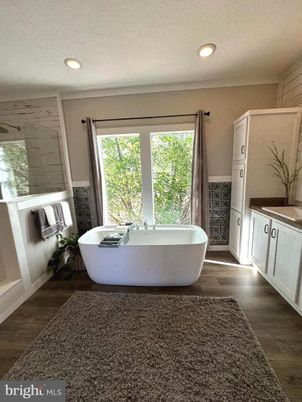 Bathroom, Free Standing Baths, Interior, Recessed Lighting, Wood Texture Flooring