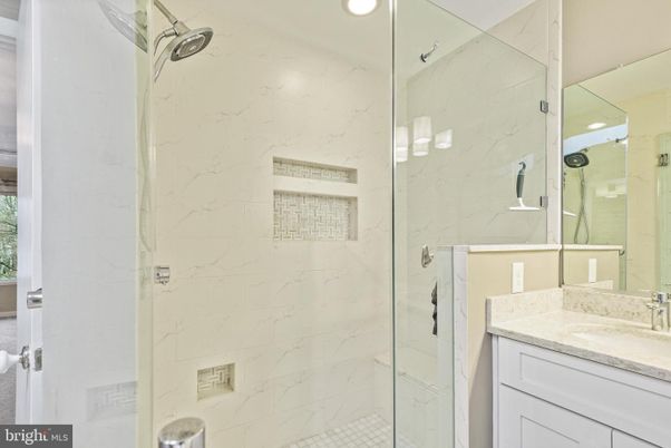 Bathroom, Glass Shower, Interior, Marble Walls, Recessed Lighting