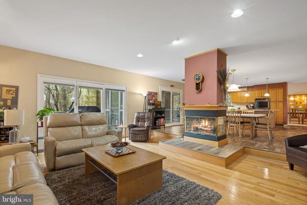 Dining room, Fireplace, Interior, Kitchen, Living room, Pendant Lights, Recessed Lighting, Wood Texture Flooring