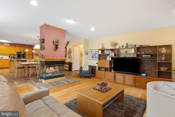Dining room, Fireplace, Interior, Kitchen, Living room, Pendant Lights, Recessed Lighting, Wood Texture Flooring