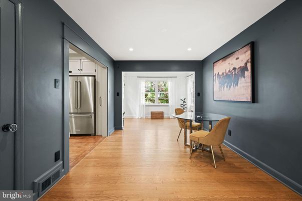 Dining room, Interior, Kitchen, Recessed Lighting, Stainless Steel Appliances, Wood Texture Flooring