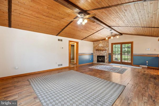 Empty room, Fireplace, Interior, Wooden Beams, Wooden Ceilings, Wood Texture Flooring