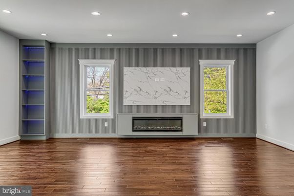 Empty room, Fireplace, Interior, Recessed Lighting, Wood Texture Flooring