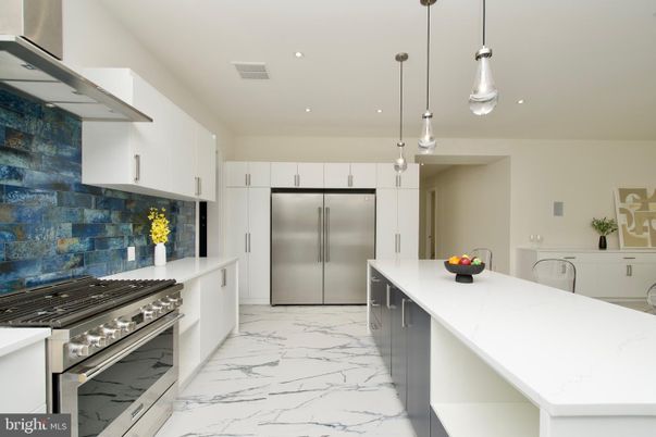 Interior, Kitchen, Marble, Pendant Lights, Recessed Lighting, Stainless Steel Appliances