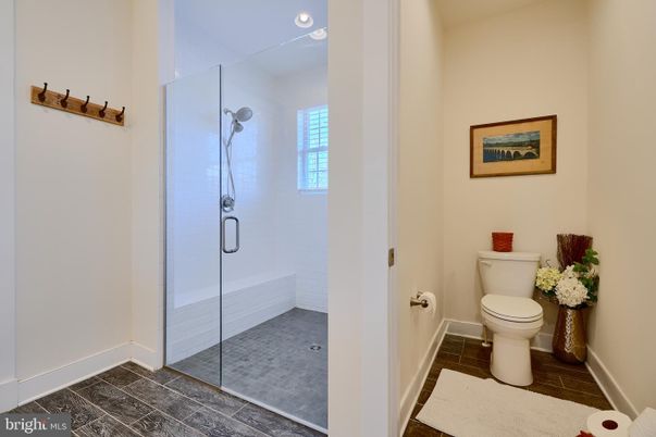 Bathroom, Glass Shower, Interior, Recessed Lighting, Wood Texture Flooring