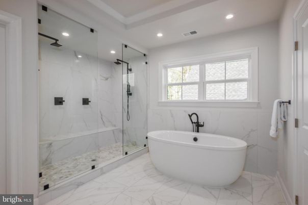 Bathroom, Free Standing Baths, Glass Shower, Interior, Marble, Marble Walls, Recessed Lighting