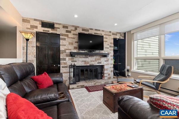 Fireplace, Interior, Living room, Recessed Lighting, Stone Walls