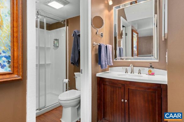 Bathroom, Glass Shower, Interior, Wood Texture Flooring