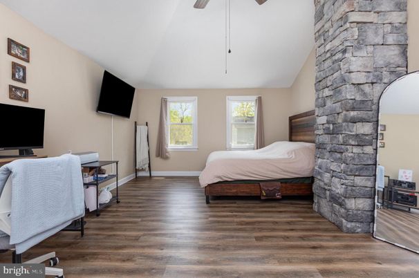 Bedroom, Home Office, Interior, Stone Walls, Wood Texture Flooring
