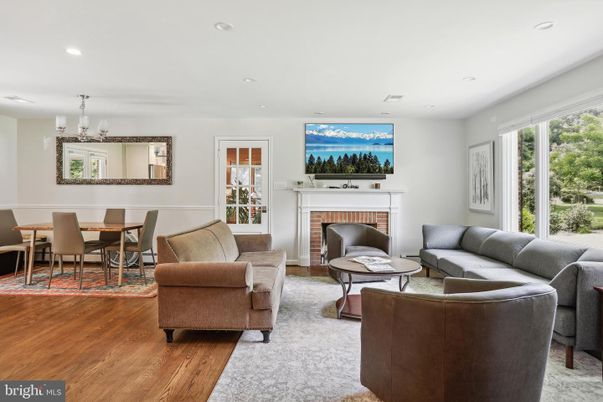 Chandelier, Dining room, Fireplace, Interior, Living room, Recessed Lighting, Wood Texture Flooring