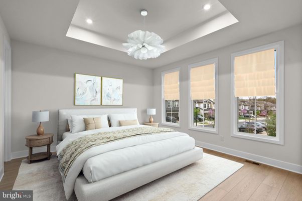 Bedroom, Interior, Pendant Lights, Recessed Lighting, Wood Texture Flooring
