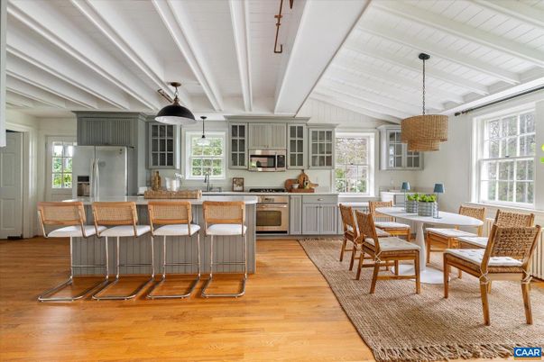 Dining room, Interior, Kitchen, Pendant Lights, Stainless Steel Appliances, Wood Texture Flooring