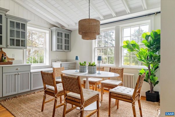 Dining room, Interior, Pendant Lights, Wood Texture Flooring
