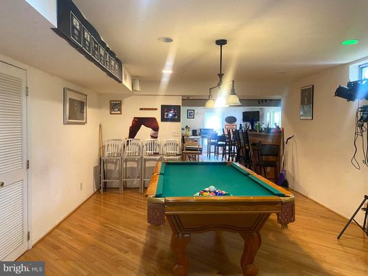 Billiard Table, Game Room, Interior, Pendant Lights, Recessed Lighting, Wood Texture Flooring