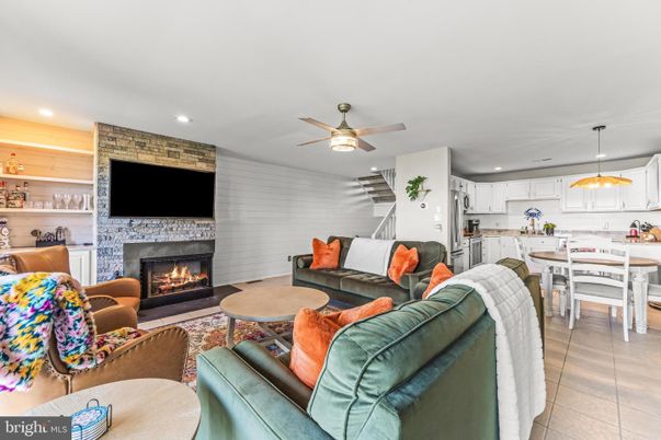 Dining room, Fireplace, Interior, Kitchen, Living room, Pendant Lights, Recessed Lighting, Stone Walls