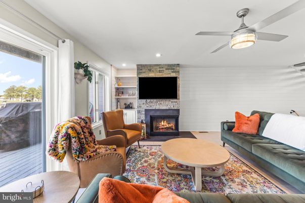 Fireplace, Interior, Living room, Recessed Lighting, Stone Walls