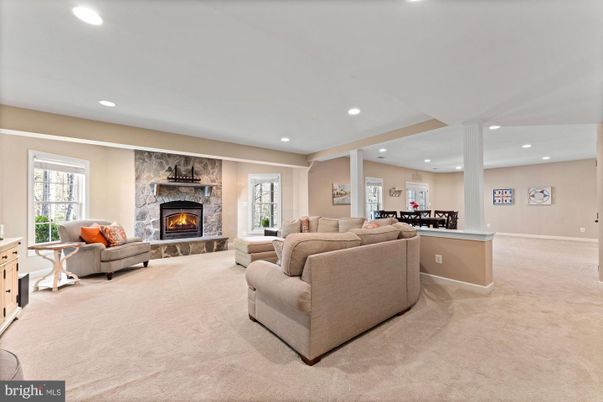 Dining room, Fireplace, Interior, Living room, Recessed Lighting