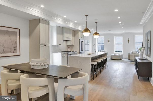 Dining room, Interior, Kitchen, Living room, Pendant Lights, Recessed Lighting, Stainless Steel Appliances, Wood Texture Flooring