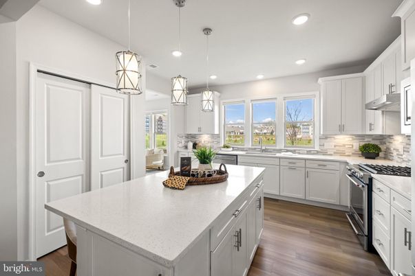 Interior, Kitchen, Pendant Lights, Recessed Lighting, Stainless Steel Appliances, Wood Texture Flooring