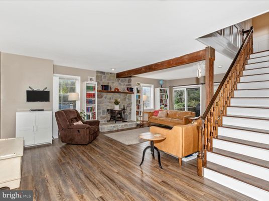 Fireplace, Interior, Living room, Recessed Lighting, Stone Walls, Wooden Beams, Wood Texture Flooring