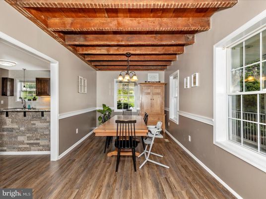 Dining room, Interior, Pendant Lights, Wooden Beams, Wooden Ceilings, Wood Texture Flooring