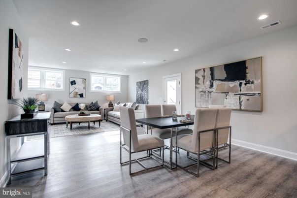 Dining room, Interior, Living room, Recessed Lighting, Wood Texture Flooring