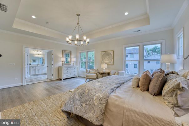 Bedroom, Chandelier, Interior, Recessed Lighting, Wood Texture Flooring