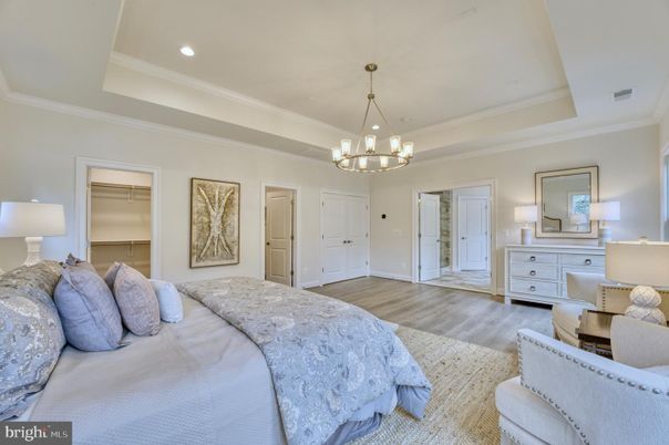Bedroom, Chandelier, Interior, Pendant Lights, Recessed Lighting, Wood Texture Flooring