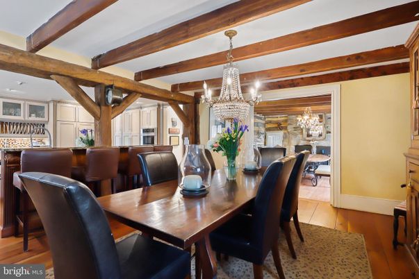 Chandelier, Dining room, Interior, Wooden Beams, Wood Texture Flooring