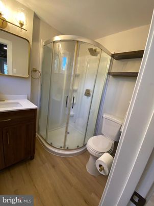 Bathroom, Glass Shower, Interior, Wood Texture Flooring