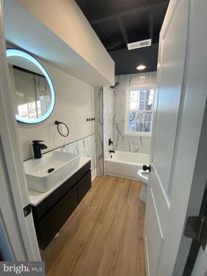 Bathroom, Interior, Marble Walls, Wood Texture Flooring