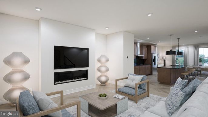 Dining room, Fireplace, Interior, Kitchen, Living room, Pendant Lights, Recessed Lighting, Stainless Steel Appliances, Wood Texture Flooring