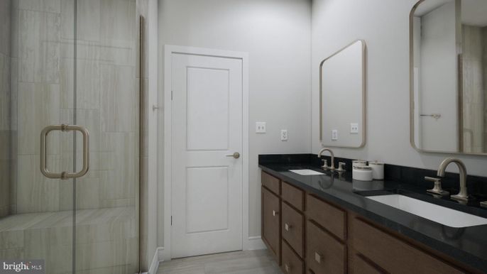 Bathroom, Dual Sink Vanities, Glass Shower, Interior, Wood Texture Flooring