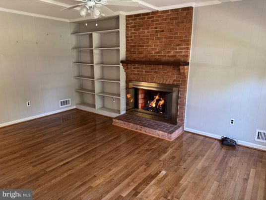 Empty room, Fireplace, Interior, Stone Walls, Wood Texture Flooring