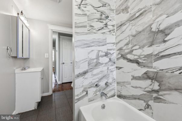 Bathroom, Interior, Marble Walls, Wood Texture Flooring
