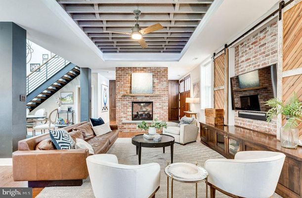 Fireplace, Interior, Living room, Recessed Lighting, Stone Walls, Wood Texture Flooring