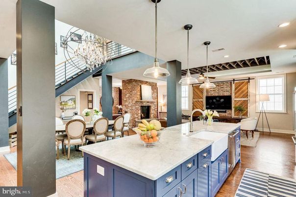 Dining room, Fireplace, Interior, Kitchen, Pendant Lights, Recessed Lighting, Stone Walls, Wood Texture Flooring